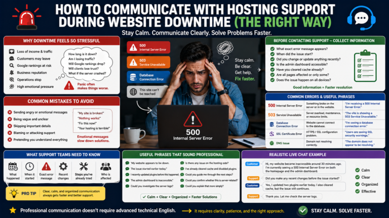 The Server Downtime Panic: How to Talk to Hosting Support in English Clearly Without Technical Vocabulary Overload or Sounding Inexperienced